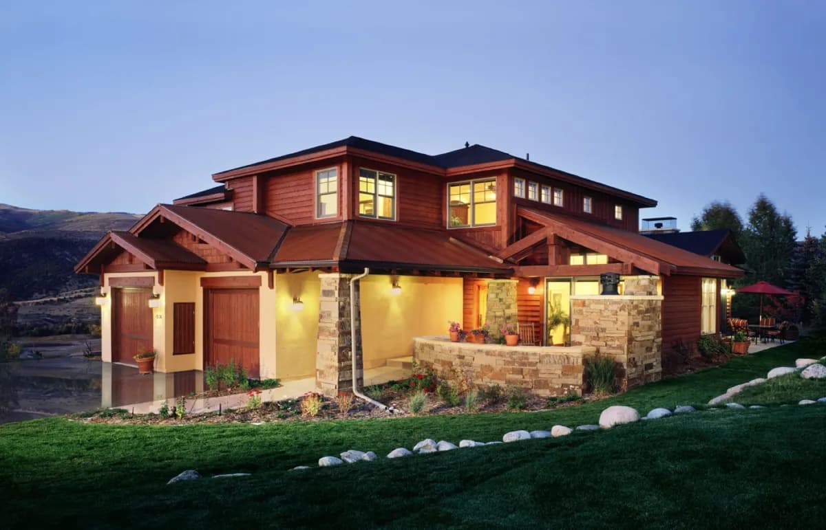 Custom home exterior at golden hour